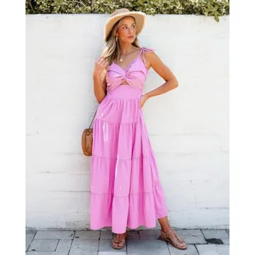 luvamia Womens Summer Dresses Long Midi Dress Sundresses for Women Cut Out Spaghetti Strap Dress Midi Dresses for Women Wedding Guest Womens Midi Dresses Aurora Pink Size X-Small Fits Size 0 Size 2
