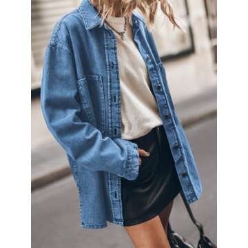 PLNOTME Womens Oversized Jean Jacket Casual Button Up Denim Overshirt Trendy Long Sleeve Denim Jacke...