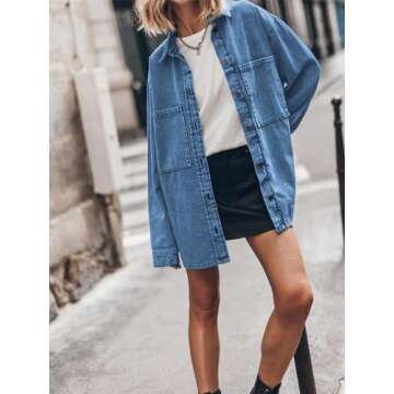 PLNOTME Womens Oversized Jean Jacket Casual Button Up Denim Overshirt Trendy Long Sleeve Denim Jacket Coat