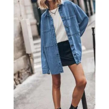PLNOTME Womens Oversized Jean Jacket Casual Button Up Denim Overshirt Trendy Long Sleeve Denim Jacket Coat
