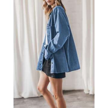 PLNOTME Womens Oversized Jean Jacket Casual Button Up Denim Overshirt Trendy Long Sleeve Denim Jacket Coat