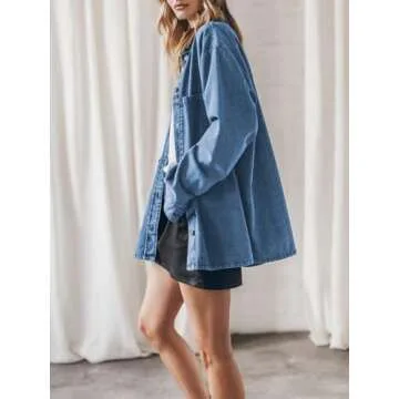 PLNOTME Womens Oversized Jean Jacket Casual Button Up Denim Overshirt Trendy Long Sleeve Denim Jacket Coat