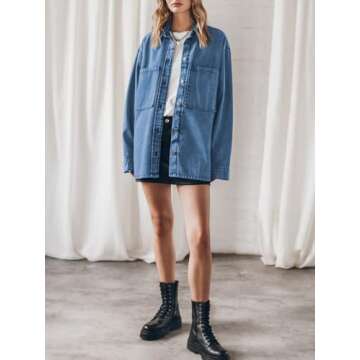 PLNOTME Womens Oversized Jean Jacket Casual Button Up Denim Overshirt Trendy Long Sleeve Denim Jacket Coat