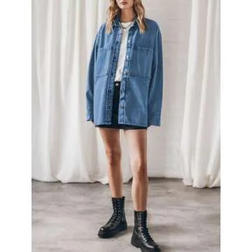 PLNOTME Womens Oversized Jean Jacket Casual Button Up Denim Overshirt Trendy Long Sleeve Denim Jacket Coat