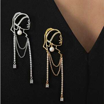 Unique abstract face Art earrings dangle statement long earrings for women rhinestone tassel handwork earrings jewelry fashion chandelier earrings (gold)