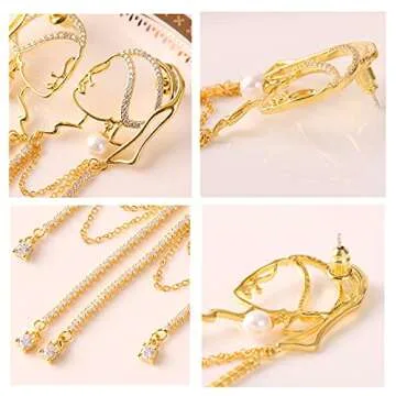 Unique abstract face Art earrings dangle statement long earrings for women rhinestone tassel handwork earrings jewelry fashion chandelier earrings (gold)