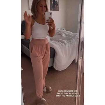 UEU Women's High Waisted Ankle Joggers Super Soft Loose Fitting Athletic Fitness Sweatpants Workout Lounge Pajamas Yoga Pants with Pockets(Pink,L)