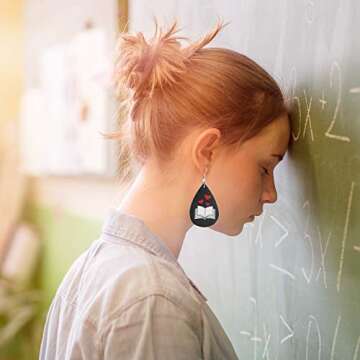 School Earrings, Cute Leather Lightweight Creative I Love Math Teardrop Pencil Dangle Zinc Earrings School Gifts for Women And Students