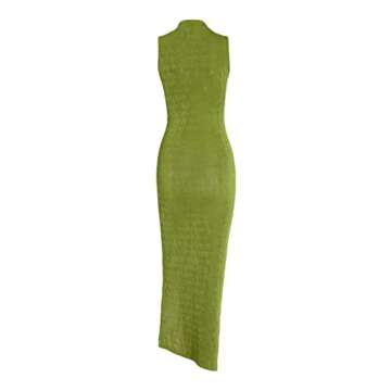 Charfille Women Sexy Semi Sheer Sleeveless Mock Turtleneck Jersey Ruched Thigh Slit Bodycon Maxi Dre...