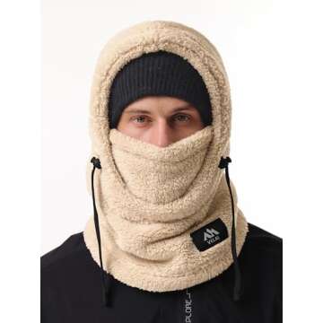 VELAI Balaclava Fleece Ski Mask for Men Women Winter Face Masks Windproof Hooded Scarf Cold Weather Hat Neck Warmer(Beige)