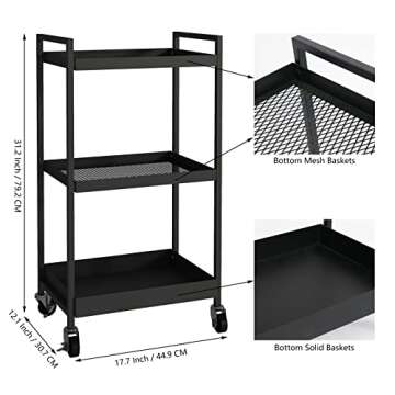 Steehoom 3-Tier Metal Utility Rolling Cart, Heavy Duty Multifunction Rectangular Cart Storage Shelves with Lockable Casters, Black