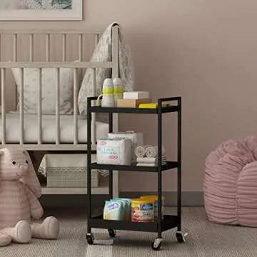 Steehoom 3-Tier Metal Utility Rolling Cart, Heavy Duty Multifunction Rectangular Cart Storage Shelves with Lockable Casters, Black