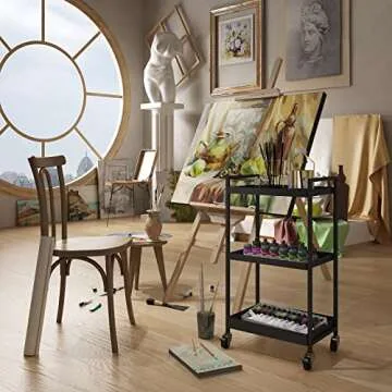 Steehoom 3-Tier Metal Utility Rolling Cart, Heavy Duty Multifunction Rectangular Cart Storage Shelves with Lockable Casters, Black