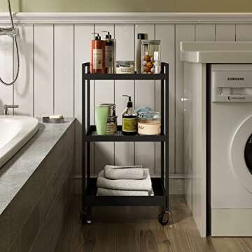 Steehoom 3-Tier Metal Utility Rolling Cart, Heavy Duty Multifunction Rectangular Cart Storage Shelves with Lockable Casters, Black