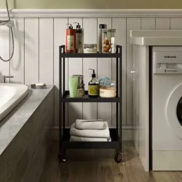 Steehoom 3-Tier Metal Utility Rolling Cart, Heavy Duty Multifunction Rectangular Cart Storage Shelves with Lockable Casters, Black