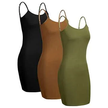 WILLBOND 3 Pieces Basic Cami Women Long Tanks Dress with Strap, Solid Color (Black, Chocolate, Army Green,Large)