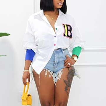 kaimimei Shirt Dress for Women Sexy-Color Block Letter Embroidery Button Down Long Sleeve Ribbed Cuff Club Blouse Mini Dress White