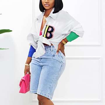 kaimimei Shirt Dress for Women Sexy-Color Block Letter Embroidery Button Down Long Sleeve Ribbed Cuff Club Blouse Mini Dress White