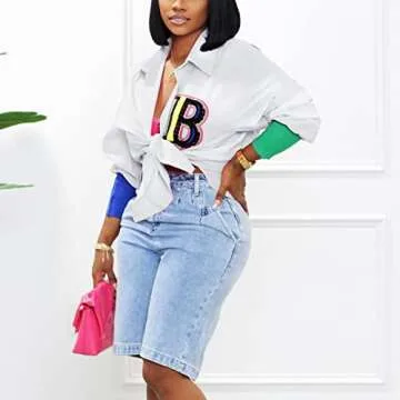 kaimimei Shirt Dress for Women Sexy-Color Block Letter Embroidery Button Down Long Sleeve Ribbed Cuff Club Blouse Mini Dress White