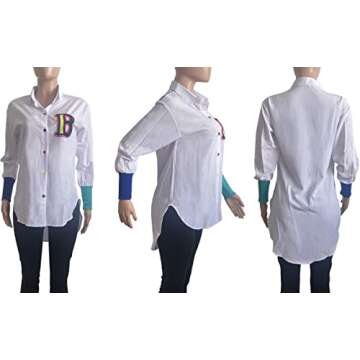 kaimimei Shirt Dress for Women Sexy-Color Block Letter Embroidery Button Down Long Sleeve Ribbed Cuff Club Blouse Mini Dress White