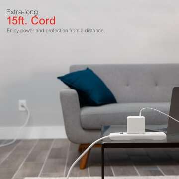 GE 6-Outlet Surge Protector, 15 Ft Extension Cord, Power Strip, 800 Joules, Flat Plug, Twist-to-Close Safety Covers, Protected Indicator Light, UL Listed, White, 50768