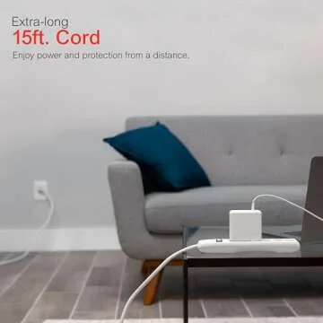 GE 6-Outlet Surge Protector, 15 Ft Extension Cord, Power Strip, 800 Joules, Flat Plug, Twist-to-Close Safety Covers, Protected Indicator Light, UL Listed, White, 50768