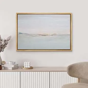 MUDECOR Framed Canvas Print Wall Art Blue Misty Watercolor Pastel Landscape Abstract Shapes Illustrations Minimalism Decorative Bohemian Nordic for Living Room, Bedroom, Office - 24"x36" Natural