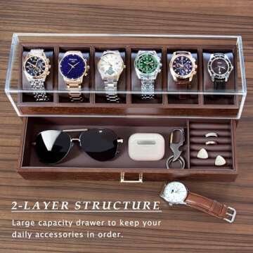 KAMIER Watch Box for Men - 360° Watch Display Case, 6 Slot Watch Holder Organizer with Drawer for Men Jewelry Sunglasses Storage, Elegant Wooden Watch Gift Box for Anniversary Birthday, Walnut