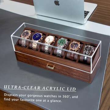 KAMIER Watch Box for Men - 360° Watch Display Case, 6 Slot Watch Holder Organizer with Drawer for Men Jewelry Sunglasses Storage, Elegant Wooden Watch Gift Box for Anniversary Birthday, Walnut