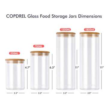Glass Food Storage Jars Containers, Glass Storage Jar with Airtight Bamboo Lids Kitchen Glass Canisters For Coffee, Flour, Sugar, Candy, Cookie, Spice, Set of 4