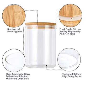 Glass Food Storage Jars Containers, Glass Storage Jar with Airtight Bamboo Lids Kitchen Glass Canisters For Coffee, Flour, Sugar, Candy, Cookie, Spice, Set of 4