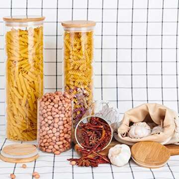 Glass Food Storage Jars Containers, Glass Storage Jar with Airtight Bamboo Lids Kitchen Glass Canisters For Coffee, Flour, Sugar, Candy, Cookie, Spice, Set of 4