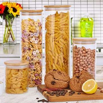 Glass Food Storage Jars Containers, Glass Storage Jar with Airtight Bamboo Lids Kitchen Glass Canisters For Coffee, Flour, Sugar, Candy, Cookie, Spice, Set of 4