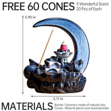 GARMOLY Moon Incense Burner with 60 Incense Cones + 30 Incense Stick, Ceramic Waterfall Incense Burn...