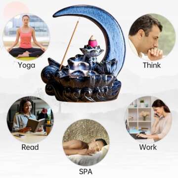 GARMOLY Moon Incense Burner with 60 Incense Cones + 30 Incense Stick, Ceramic Waterfall Incense Burner, Backflow Incense Holder for Aromatherapy Ornament Home Decor (Blue)