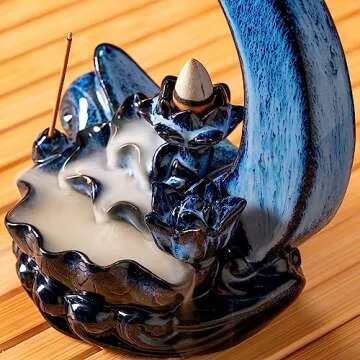 GARMOLY Moon Incense Burner with 60 Incense Cones + 30 Incense Stick, Ceramic Waterfall Incense Burner, Backflow Incense Holder for Aromatherapy Ornament Home Decor (Blue)