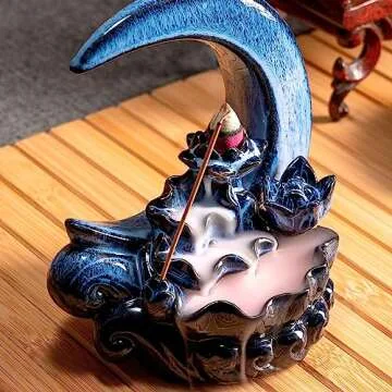 GARMOLY Moon Incense Burner with 60 Incense Cones + 30 Incense Stick, Ceramic Waterfall Incense Burner, Backflow Incense Holder for Aromatherapy Ornament Home Decor (Blue)