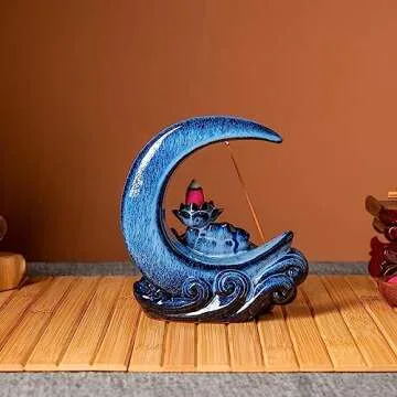 GARMOLY Moon Incense Burner with 60 Incense Cones + 30 Incense Stick, Ceramic Waterfall Incense Burner, Backflow Incense Holder for Aromatherapy Ornament Home Decor (Blue)
