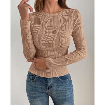 PRETTYGARDEN Women's Tops 2025 Cute Long Sleeve Crewneck Blouses Plain Slim Fit Fall Shirts Textured Knit Basic T Shirts(Khaki,Medium)