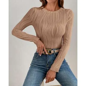 PRETTYGARDEN Women's Tops 2025 Cute Long Sleeve Crewneck Blouses Plain Slim Fit Fall Shirts Textured Knit Basic T Shirts(Khaki,Medium)