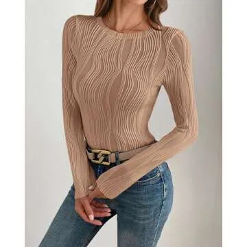 PRETTYGARDEN Women's Tops 2025 Cute Long Sleeve Crewneck Blouses Plain Slim Fit Fall Shirts Textured Knit Basic T Shirts(Khaki,Medium)