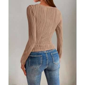 PRETTYGARDEN Women's Tops 2025 Cute Long Sleeve Crewneck Blouses Plain Slim Fit Fall Shirts Textured Knit Basic T Shirts(Khaki,Medium)