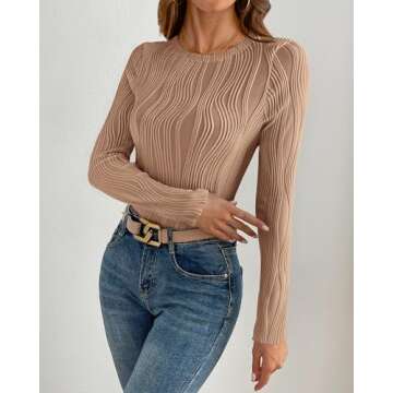 PRETTYGARDEN Women's Tops 2025 Cute Long Sleeve Crewneck Blouses Plain Slim Fit Fall Shirts Textured Knit Basic T Shirts(Khaki,Medium)