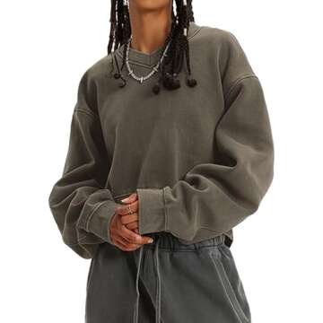 BINTEHGS Oversized Crop Sweatshirt For Women Loose Fit Vintage Plain V Neck Cropped Pulllover Acid Wash Tunic Long Sleeve Top(Coffee,M)