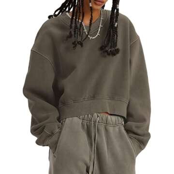 BINTEHGS Oversized Crop Sweatshirt For Women Loose Fit Vintage Plain V Neck Cropped Pulllover Acid Wash Tunic Long Sleeve Top(Coffee,M)