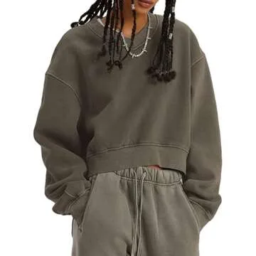 BINTEHGS Oversized Crop Sweatshirt For Women Loose Fit Vintage Plain V Neck Cropped Pulllover Acid Wash Tunic Long Sleeve Top(Coffee,M)