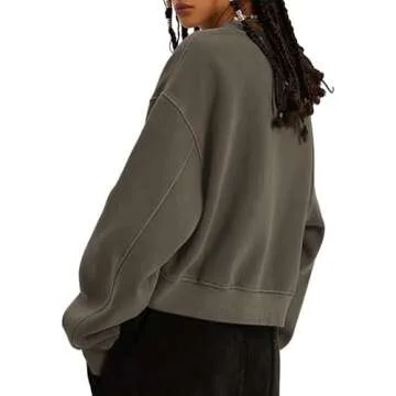 BINTEHGS Oversized Crop Sweatshirt For Women Loose Fit Vintage Plain V Neck Cropped Pulllover Acid Wash Tunic Long Sleeve Top(Coffee,M)