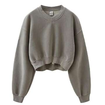 BINTEHGS Oversized Crop Sweatshirt For Women Loose Fit Vintage Plain V Neck Cropped Pulllover Acid Wash Tunic Long Sleeve Top(Coffee,M)