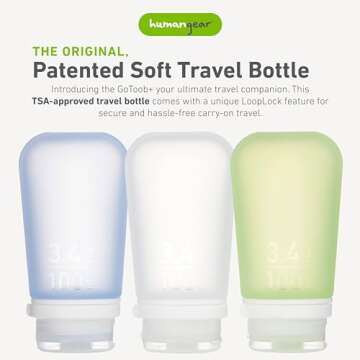 humangear GoToob+ 3-Pack (Large) | Refillable Silicone Travel Bottle | Locking Lid | Food-Safe Material, Clear/Green/Blue, Large (3.4 fl.oz.; 100ml)