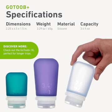 humangear GoToob+ 3-Pack (Large) | Refillable Silicone Travel Bottle | Locking Lid | Food-Safe Material, Clear/Green/Blue, Large (3.4 fl.oz.; 100ml)